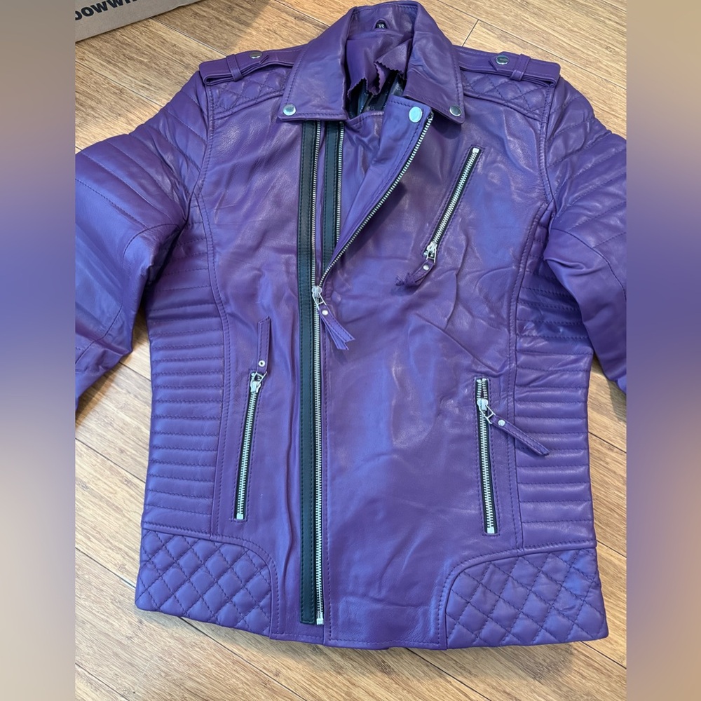 Women’s Purple Quilted Leather Moto Jacket - Picture 2 of 7